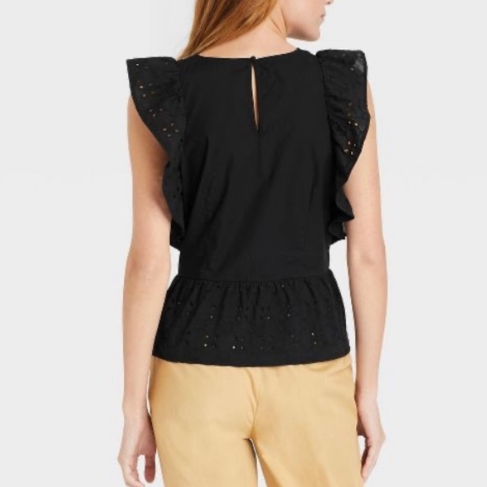 Who What Wear Target NWT black ruffle sleeve eyelet peplum blouse.